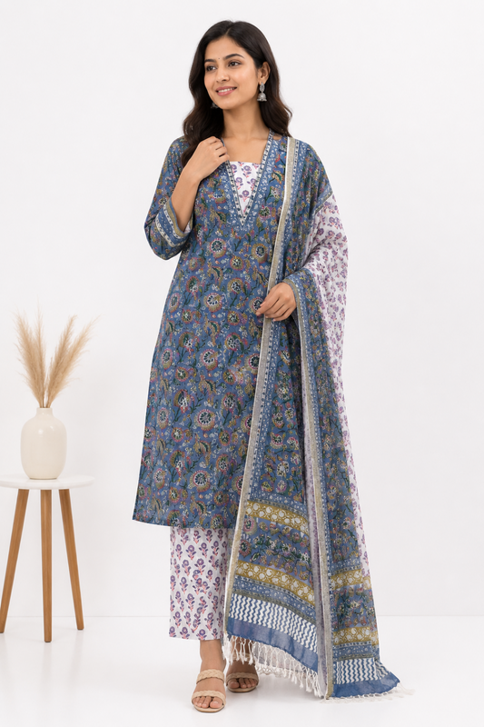 A woman models a traditional Indian salwar kameez suit set with a matching dupatta. The kurta is blue with intricate multicolor floral prints, paired with matching printed trousers and a blue dupatta featuring a patterned border and fringe.