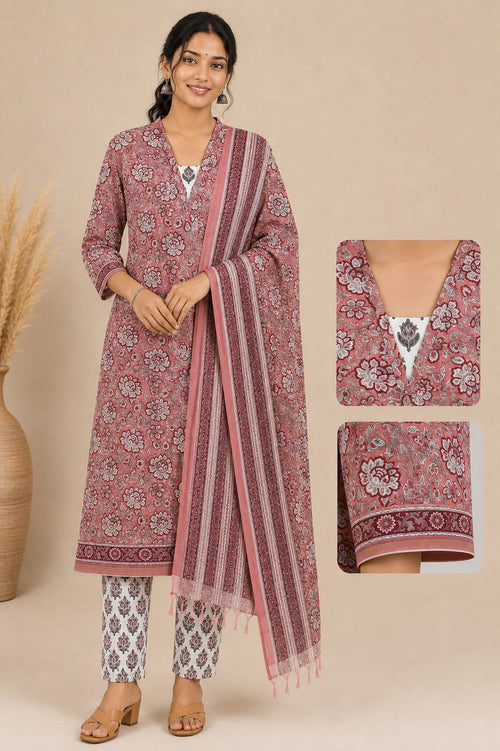 Elegant Brick Red Printed Linen Cotton Kurta Set with Dupatta