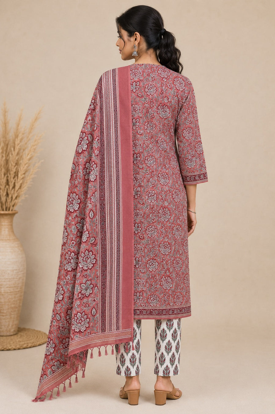 Elegant Brick Red Printed Linen Cotton Kurta Set with Dupatta