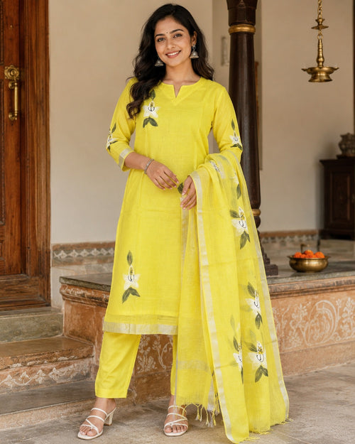 Elegant Lemon Yellow Linen Cotton Printed Kurta Set with Dupatta