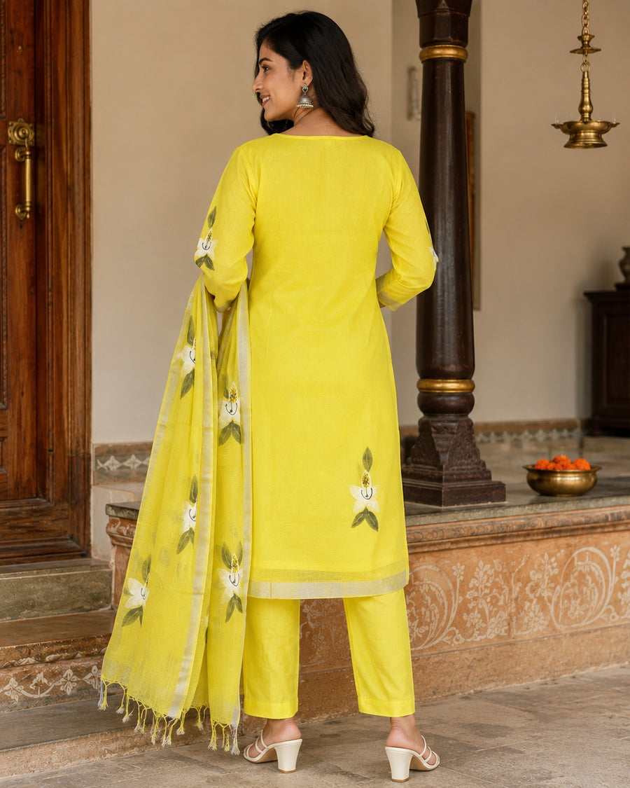 Elegant Lemon Yellow Linen Cotton Printed Kurta Set with Dupatta