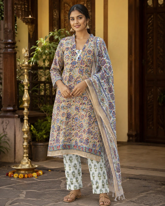 Elegant Beige Linen Cotton Printed Kurta Set with Doria Dupatta