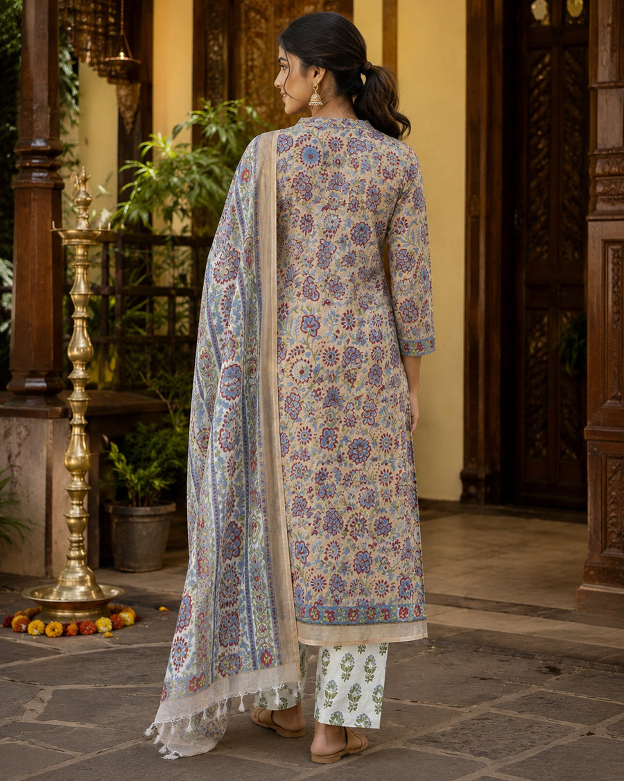 Elegant Beige Linen Cotton Printed Kurta Set with Doria Dupatta