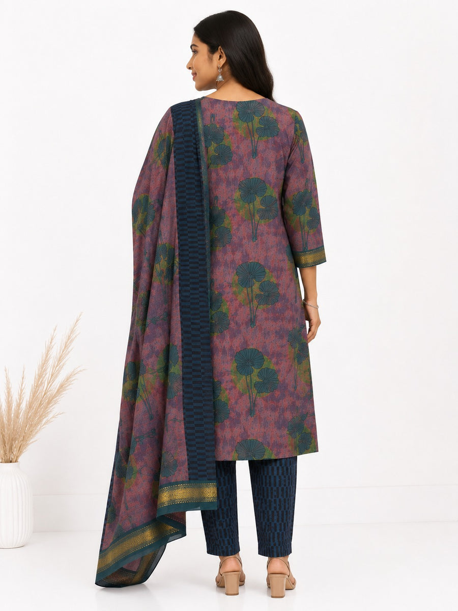 Elegant Purple & Green Printed Banana Fiber Organic Fabric Kurta Set with Dupatta