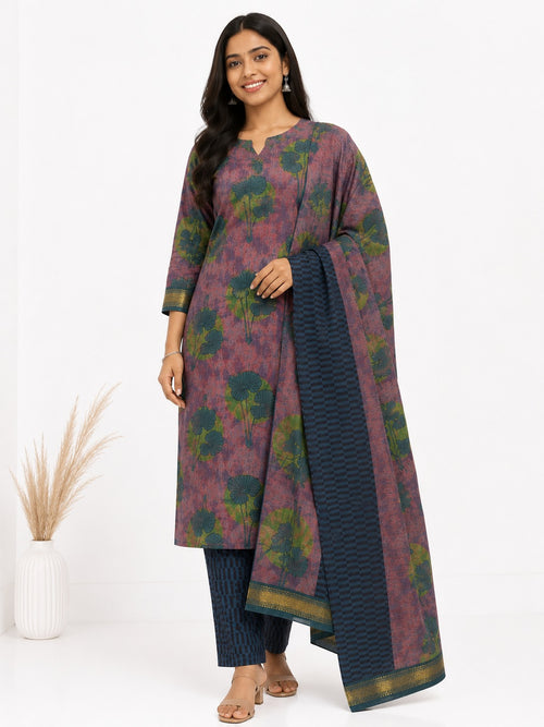 Elegant Purple & Green Printed Banana Fiber Organic Fabric Kurta Set with Dupatta