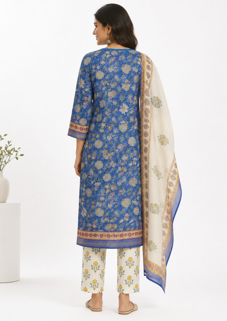 Elegant Royal Blue Printed Banana Fiber Organic Fabric Kurta Set with Dupatta