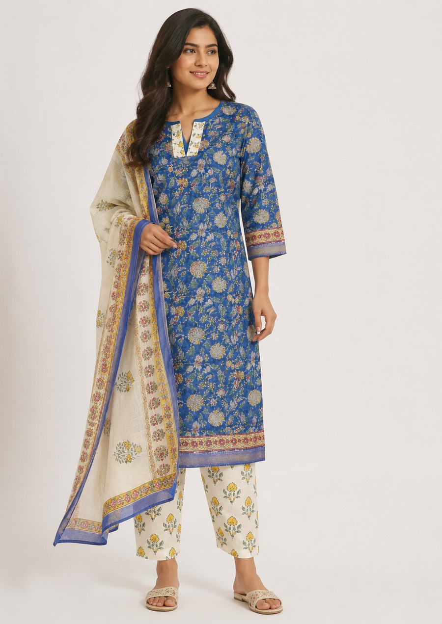 Elegant Royal Blue Printed Banana Fiber Organic Fabric Kurta Set with Dupatta