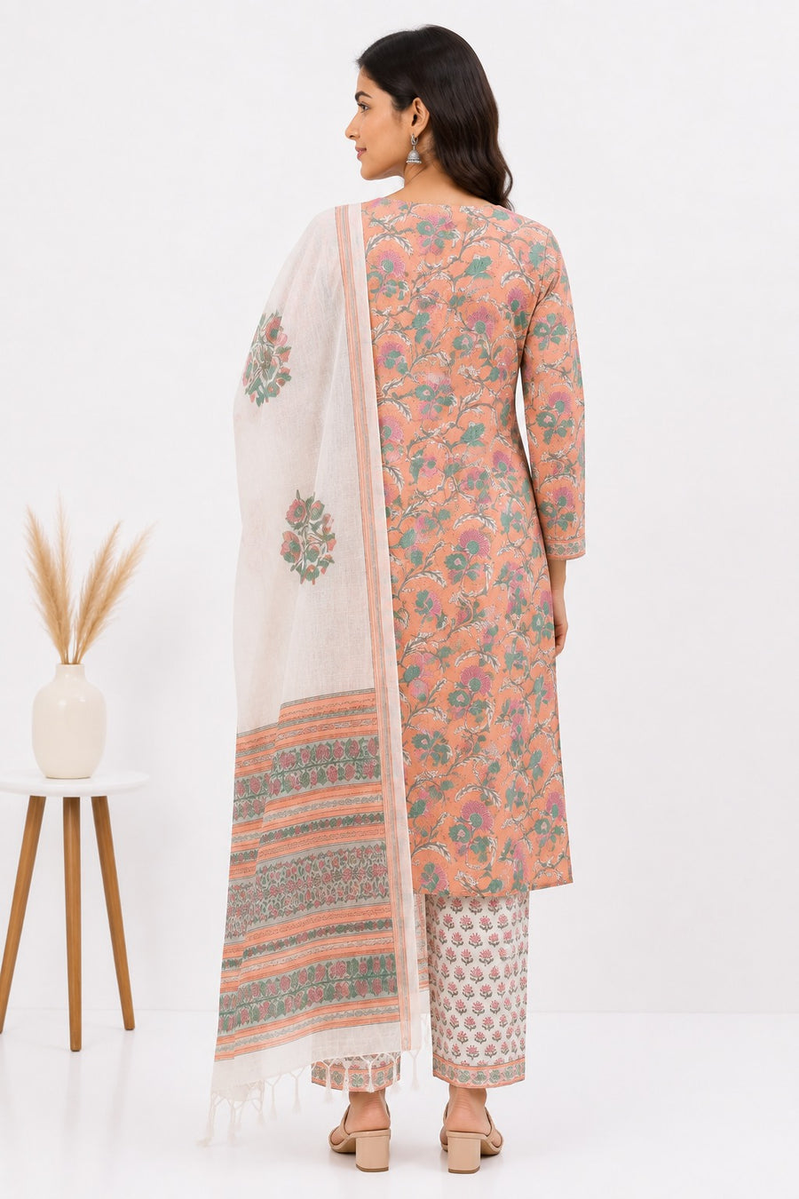 Elegant Peach Pink Linen Cotton Printed Kurta Set with Doria Dupatta