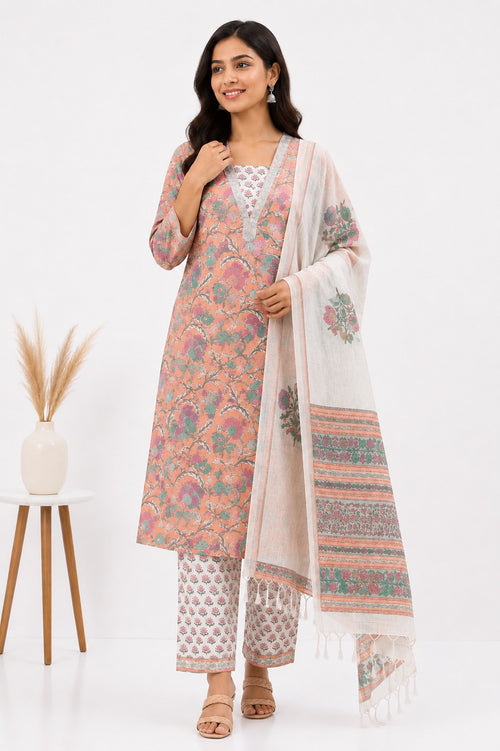 Elegant Peach Pink Linen Cotton Printed Kurta Set with Doria Dupatta