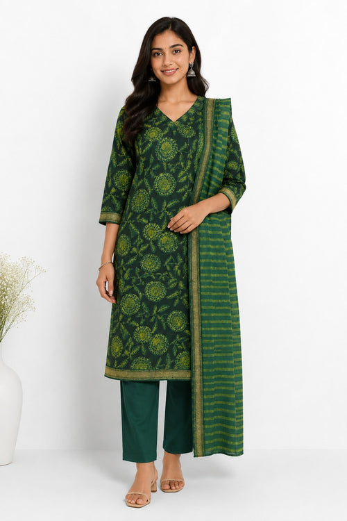 Elegant Forest Green Printed Banana Fiber Organic Fabric Kurta Set with Dupatta