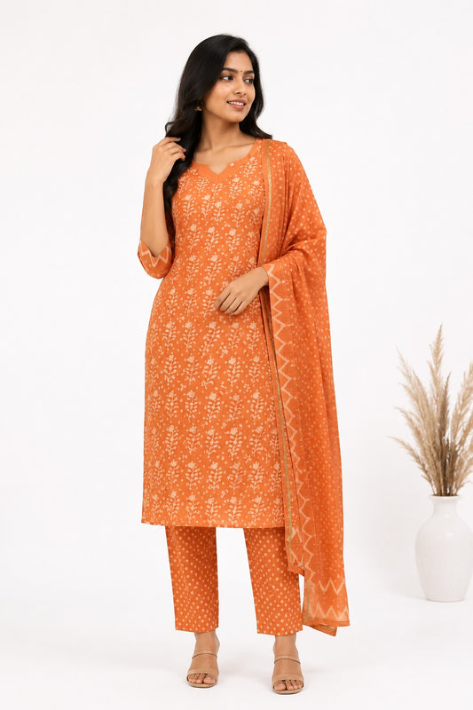 Elegant Burnt Orange Cotton Printed Kurta Set with Doria Dupatta