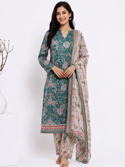 Elegant Teal Green Printed Banana Fiber Organic Fabric Kurta Set with Dupatta