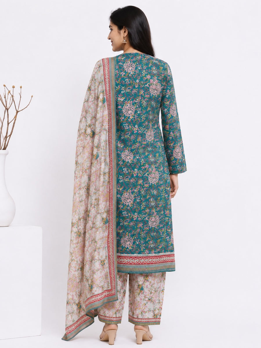 Elegant Teal Green Printed Banana Fiber Organic Fabric Kurta Set with Dupatta