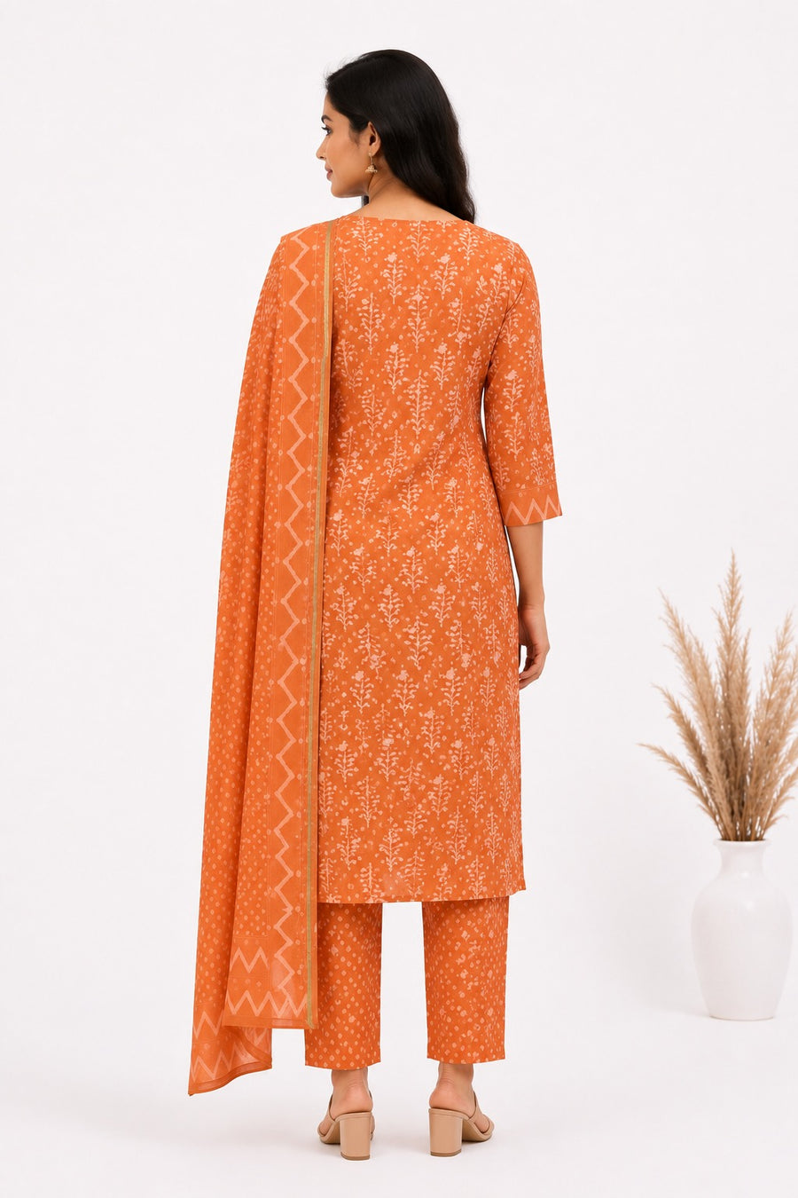 Elegant Burnt Orange Cotton Printed Kurta Set with Doria Dupatta