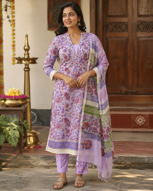 Elegant Lavender Printed Linen Cotton Kurta Set with Dupatta