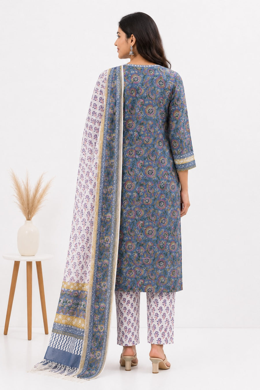 Elegant Steel Blue Printed Chanderi Cotton Kurta Set with Dupatta