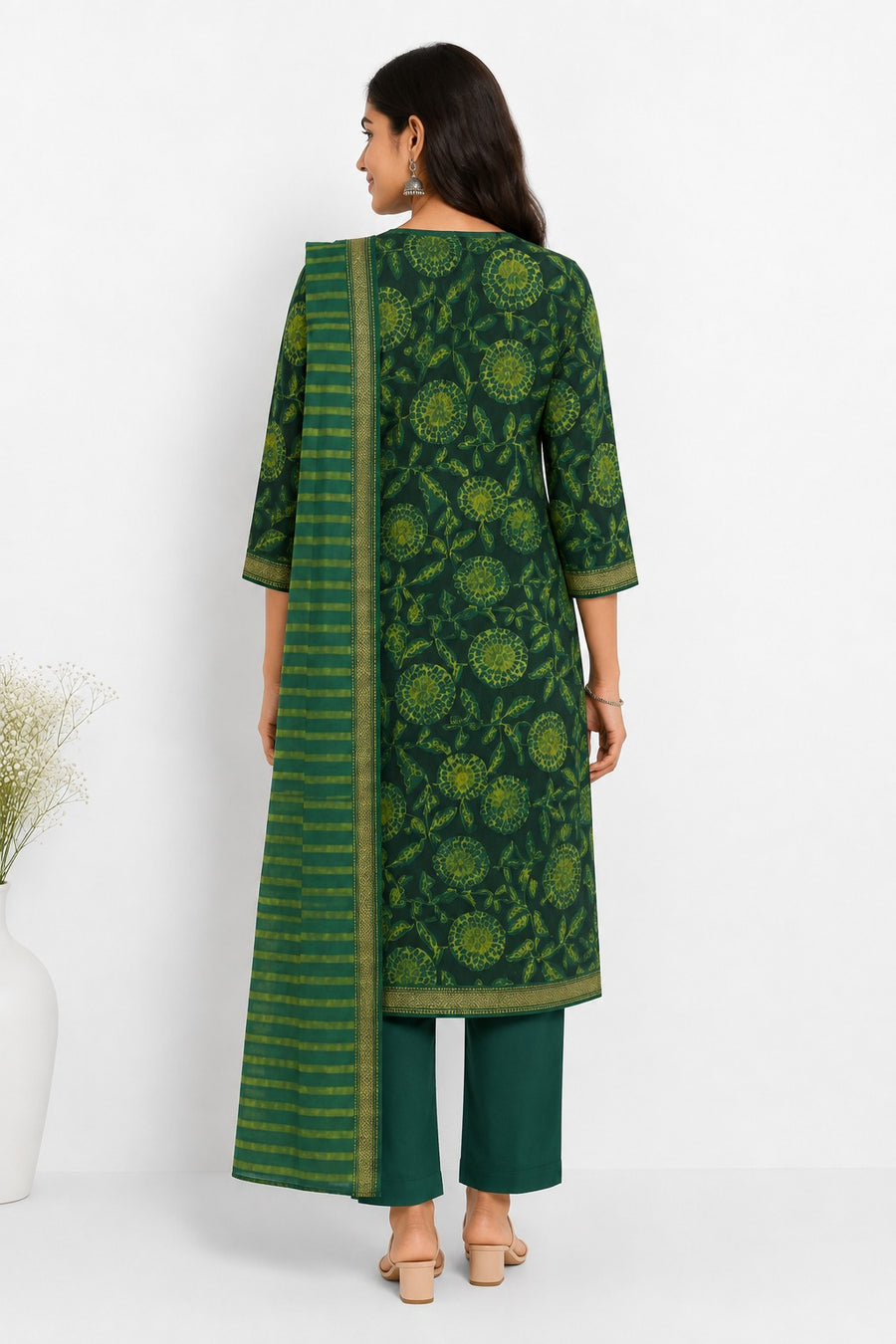 Elegant Forest Green Printed Banana Fiber Organic Fabric Kurta Set with Dupatta