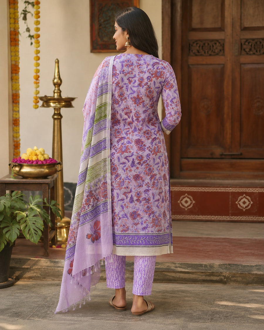 Elegant Lavender Printed Linen Cotton Kurta Set with Dupatta