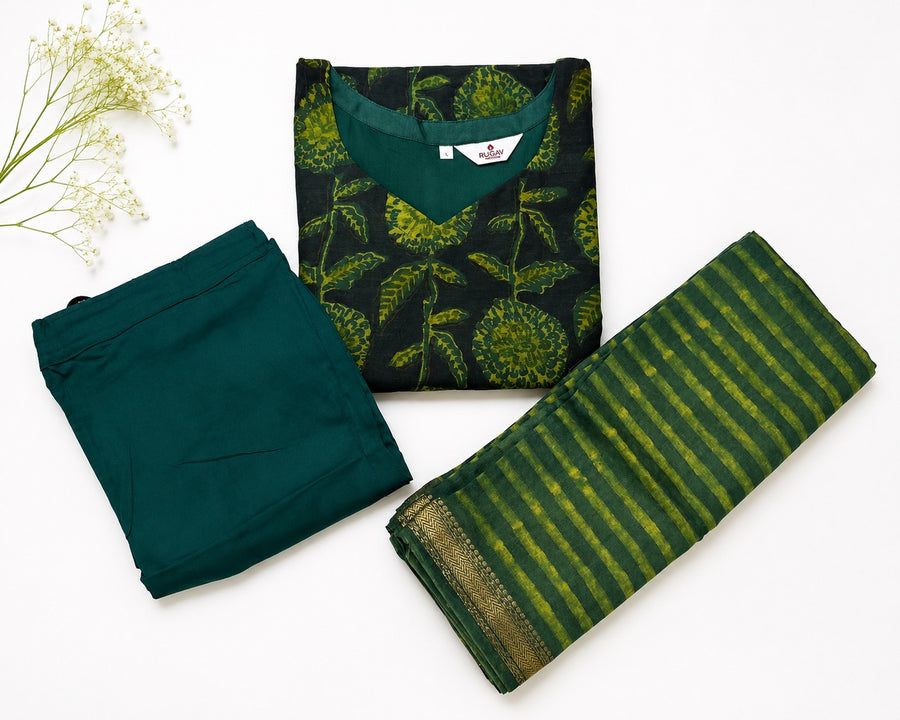 Elegant Forest Green Printed Banana Fiber Organic Fabric Kurta Set with Dupatta