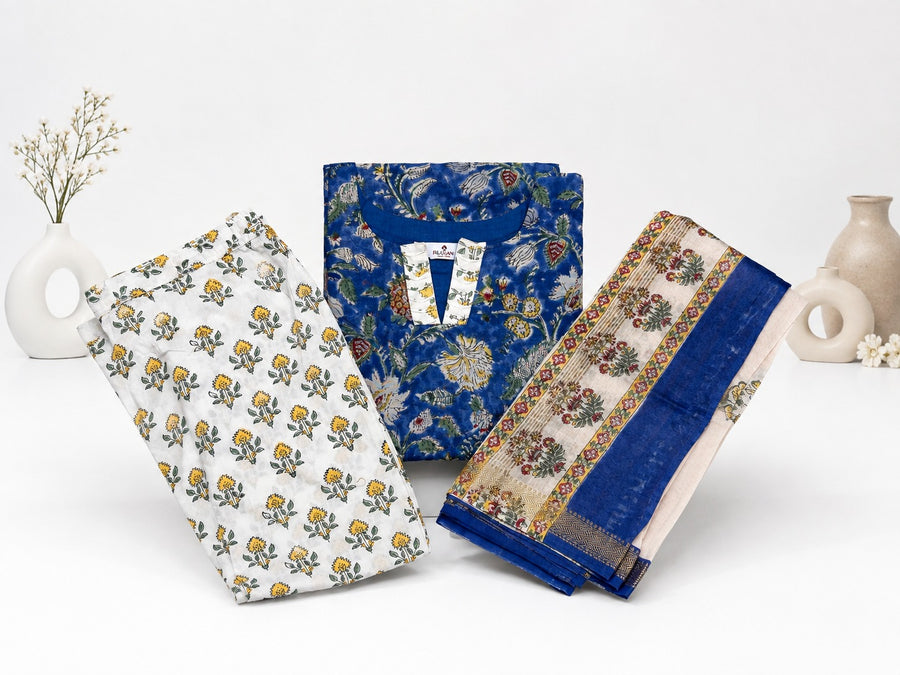 Elegant Royal Blue Printed Banana Fiber Organic Fabric Kurta Set with Dupatta
