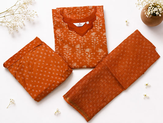 Elegant Burnt Orange Cotton Printed Kurta Set with Doria Dupatta