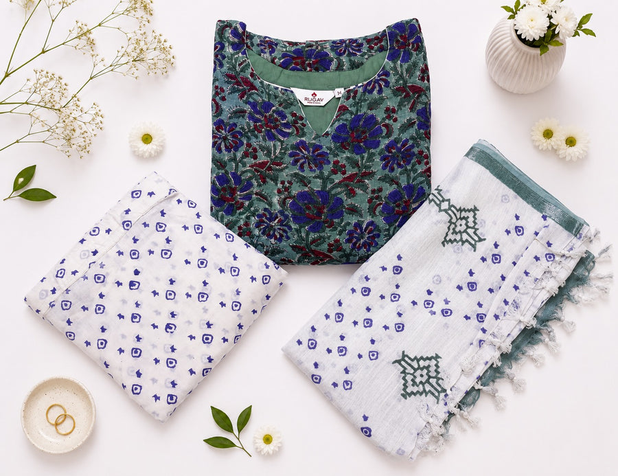 Elegant Teal Green Printed Linen Cotton Kurta Set with Dupatta