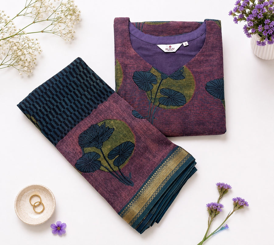 Elegant Purple & Green Printed Banana Fiber Organic Fabric Kurta Set with Dupatta