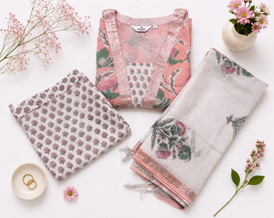Elegant Peach Pink Linen Cotton Printed Kurta Set with Doria Dupatta