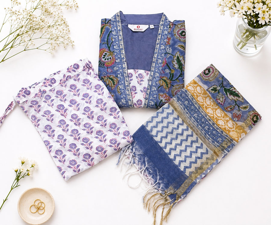 Elegant Steel Blue Printed Chanderi Cotton Kurta Set with Dupatta