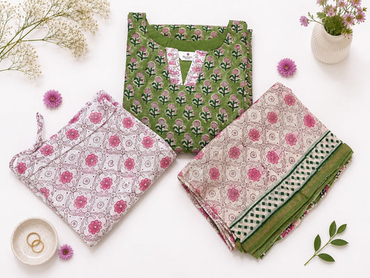 Elegant Fern Green Printed Kurta Set with Doria Dupatta