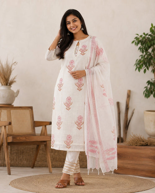 Elegant Off-White Printed Linen Cotton Kurta Set with Doria Dupatta