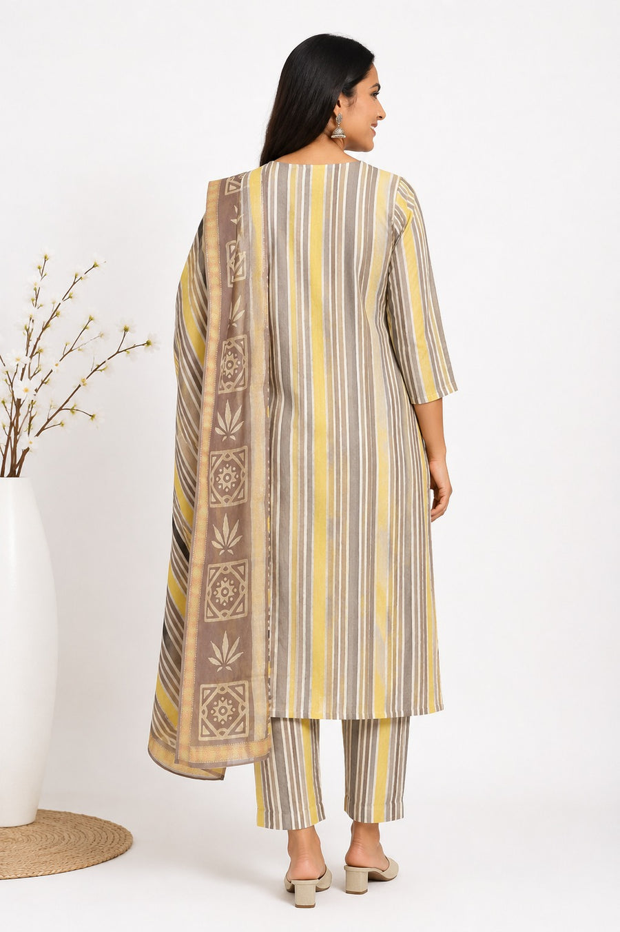 Elegant Brown & Yellow Striped Banana Fiber Organic Fabric Kurta with Dupatta