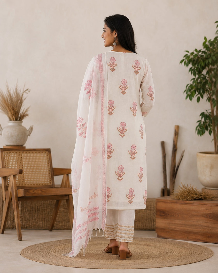 Elegant Off-White Printed Linen Cotton Kurta Set with Doria Dupatta