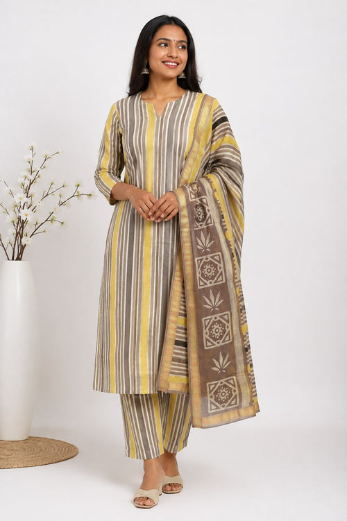 Elegant Brown & Yellow Striped Banana Fiber Organic Fabric Kurta with Dupatta