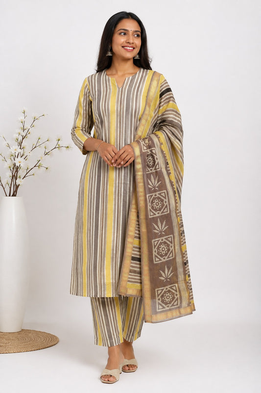Elegant Brown & Yellow Striped Banana Fiber Organic Fabric Kurta with Dupatta