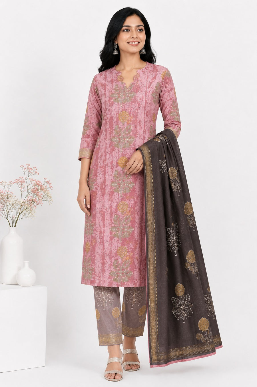 Elegant Dusty Pink & Dark Brown Printed Banana Fiber Organic Fabric Kurta with Dupatta