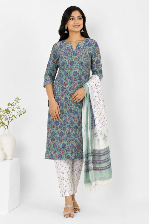 Elegant Teal Green Printed Linen Cotton Kurta Set with Dupatta