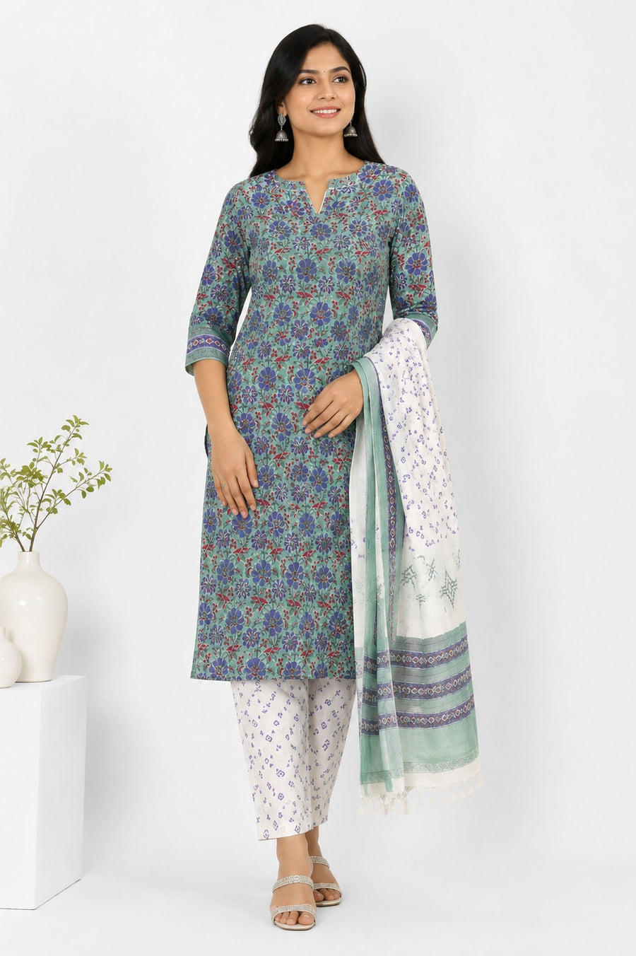 Elegant Teal Green Printed Linen Cotton Kurta Set with Dupatta