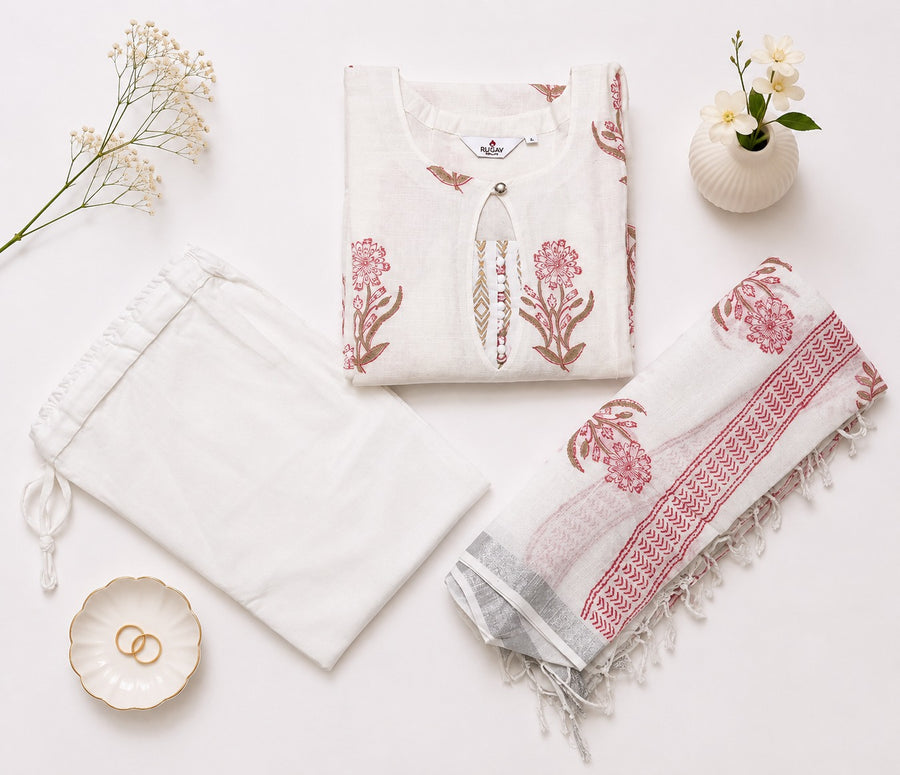 Elegant Off-White Printed Linen Cotton Kurta Set with Doria Dupatta