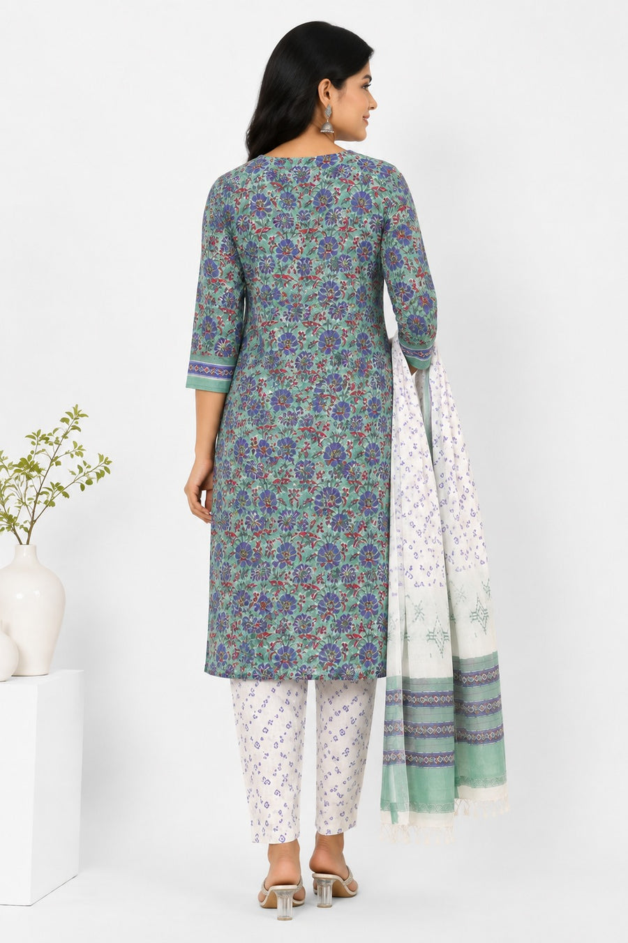 Elegant Teal Green Printed Linen Cotton Kurta Set with Dupatta