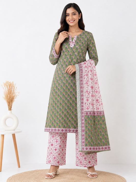 Elegant Fern Green Printed Kurta Set with Doria Dupatta