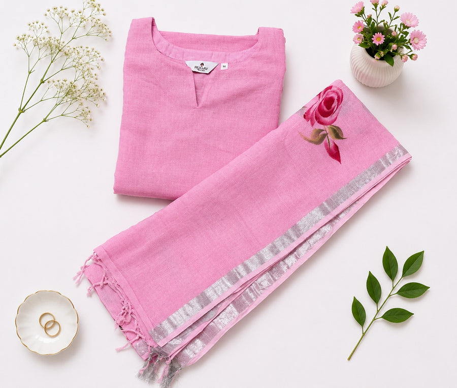 Elegant Orchid Pink Linen Cotton Printed Kurta Set with Dupatta