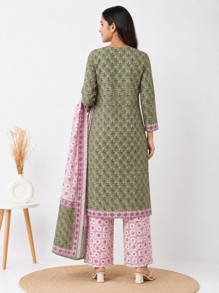 Elegant Fern Green Printed Kurta Set with Doria Dupatta