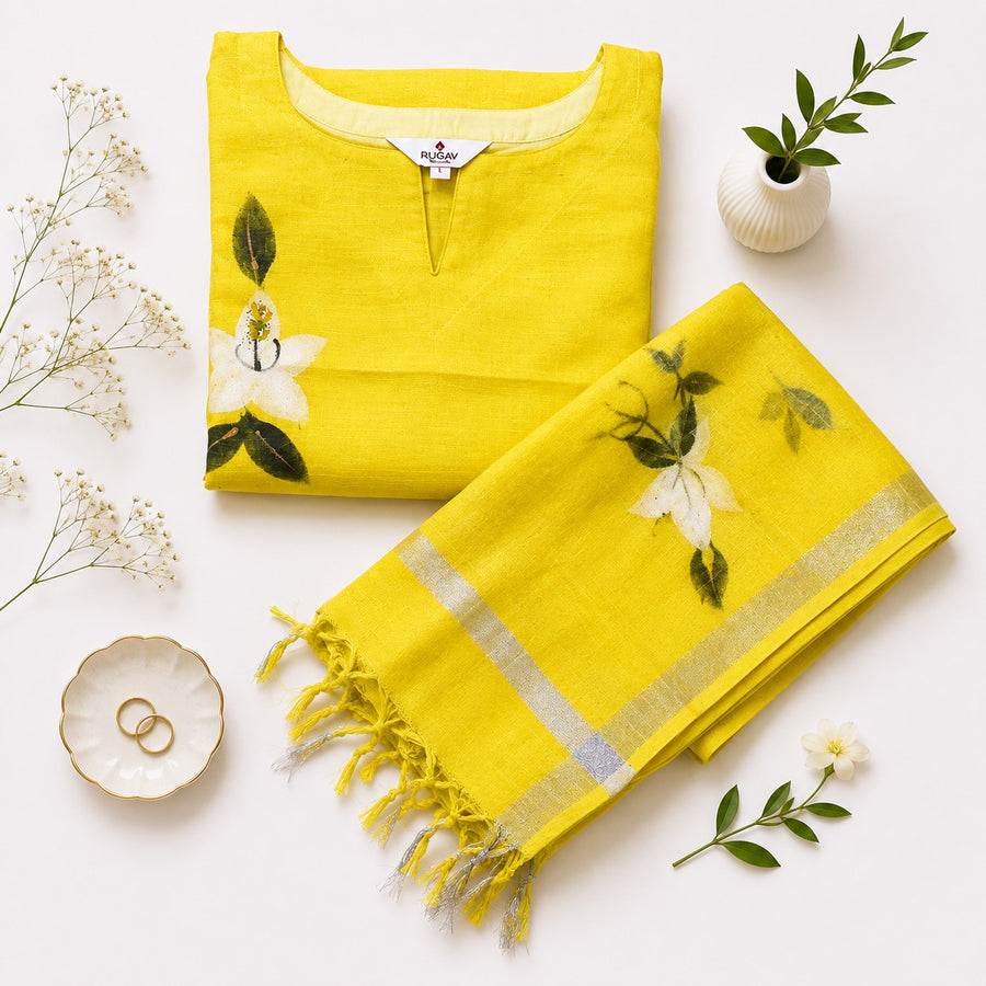 Elegant Lemon Yellow Linen Cotton Printed Kurta Set with Dupatta