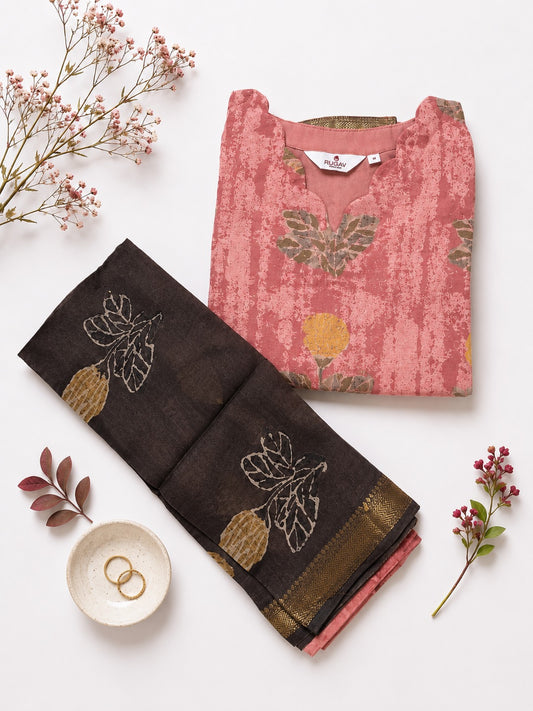 Elegant Dusty Pink & Dark Brown Printed Banana Fiber Organic Fabric Kurta with Dupatta