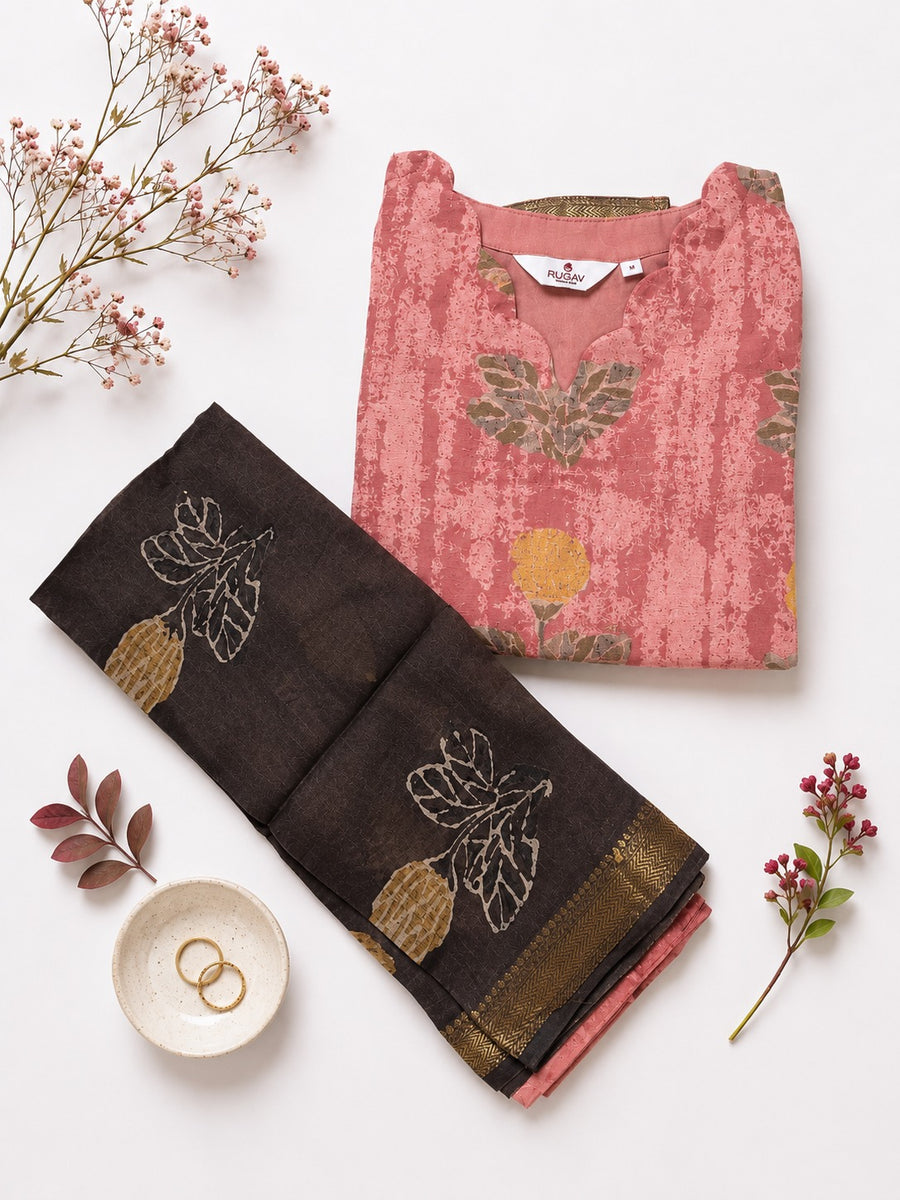 Elegant Dusty Pink & Dark Brown Printed Banana Fiber Organic Fabric Kurta with Dupatta