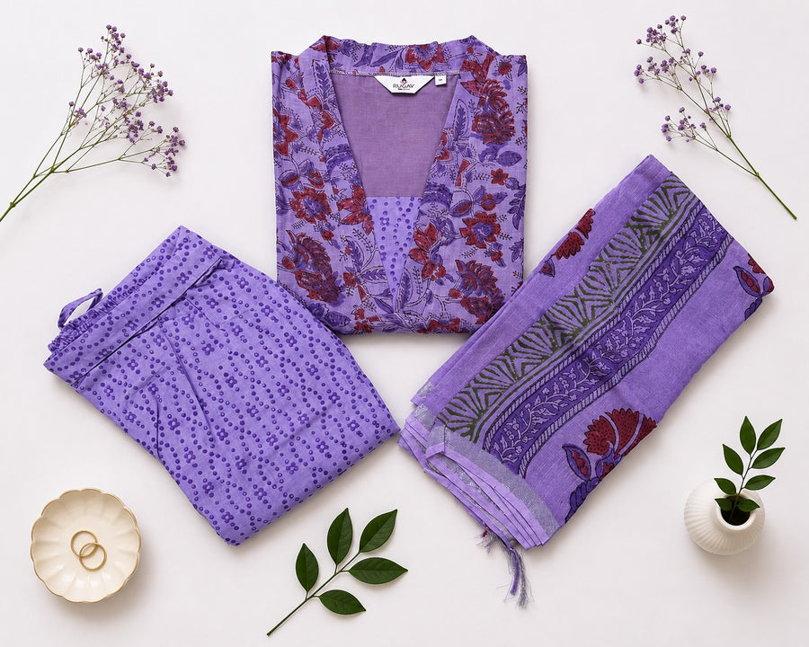 Elegant Lavender Printed Linen Cotton Kurta Set with Dupatta