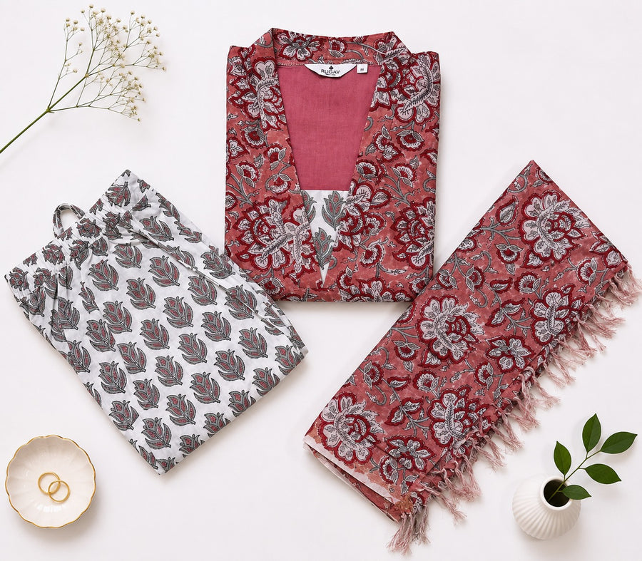 Elegant Brick Red Printed Linen Cotton Kurta Set with Dupatta