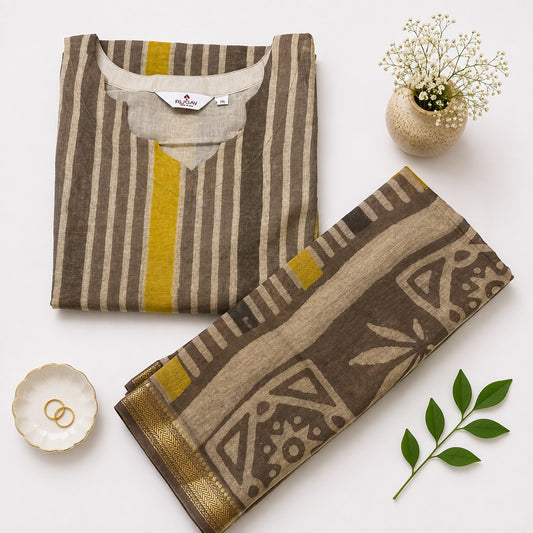Elegant Brown & Yellow Striped Banana Fiber Organic Fabric Kurta with Dupatta
