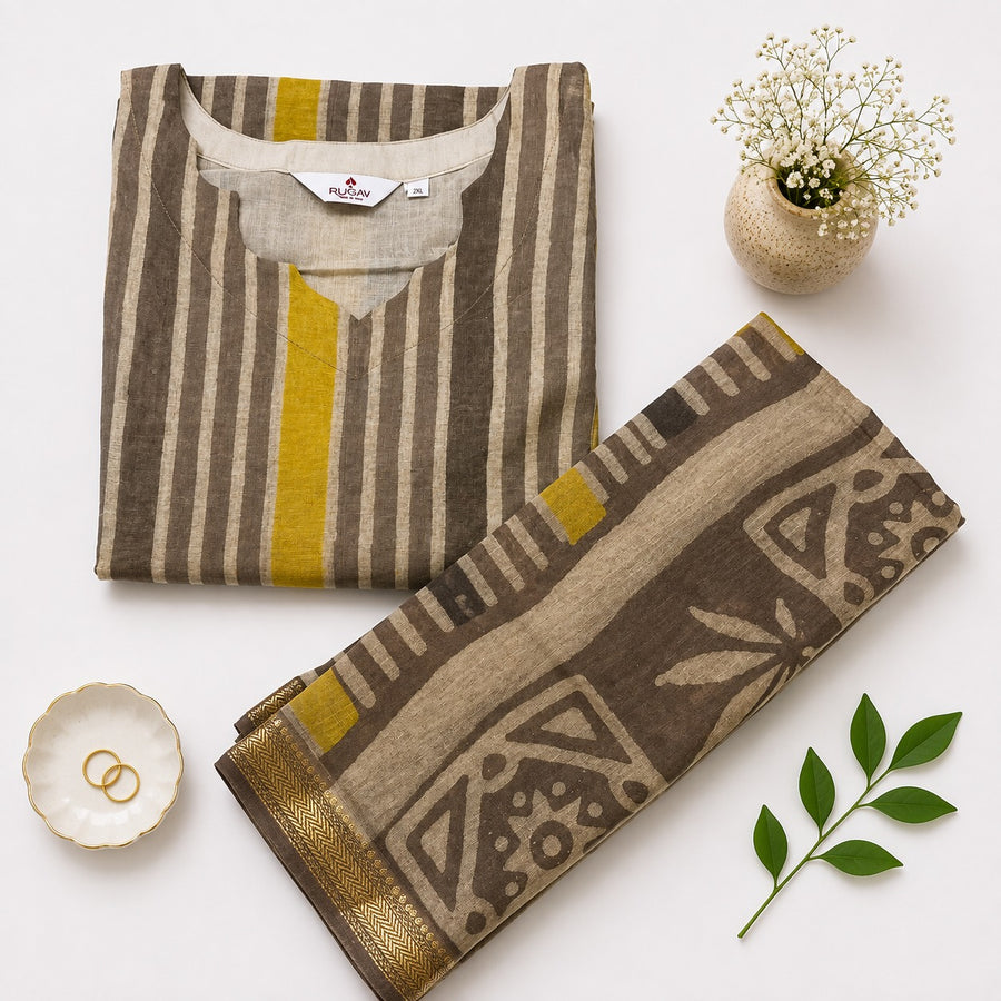 Elegant Brown & Yellow Striped Banana Fiber Organic Fabric Kurta with Dupatta